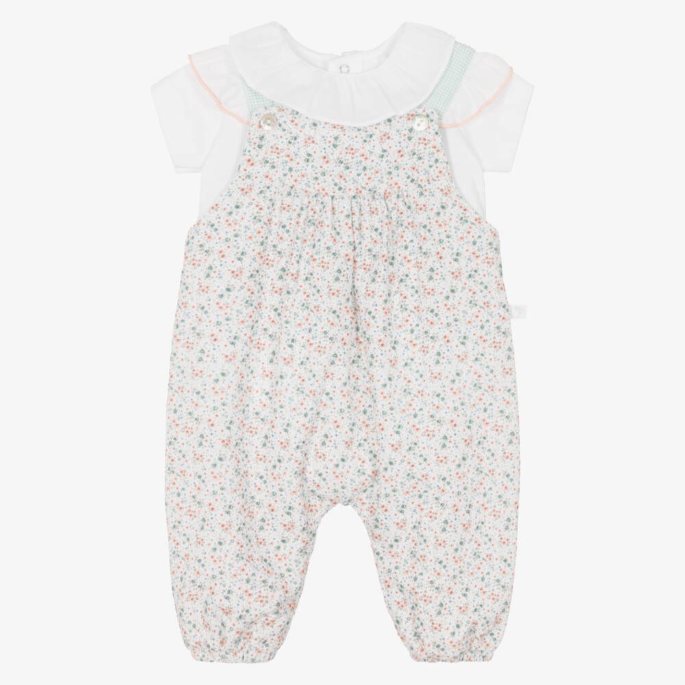Laranjinha-Baby Girls White Floral Print Dungaree Set | Childrensalon Outlet