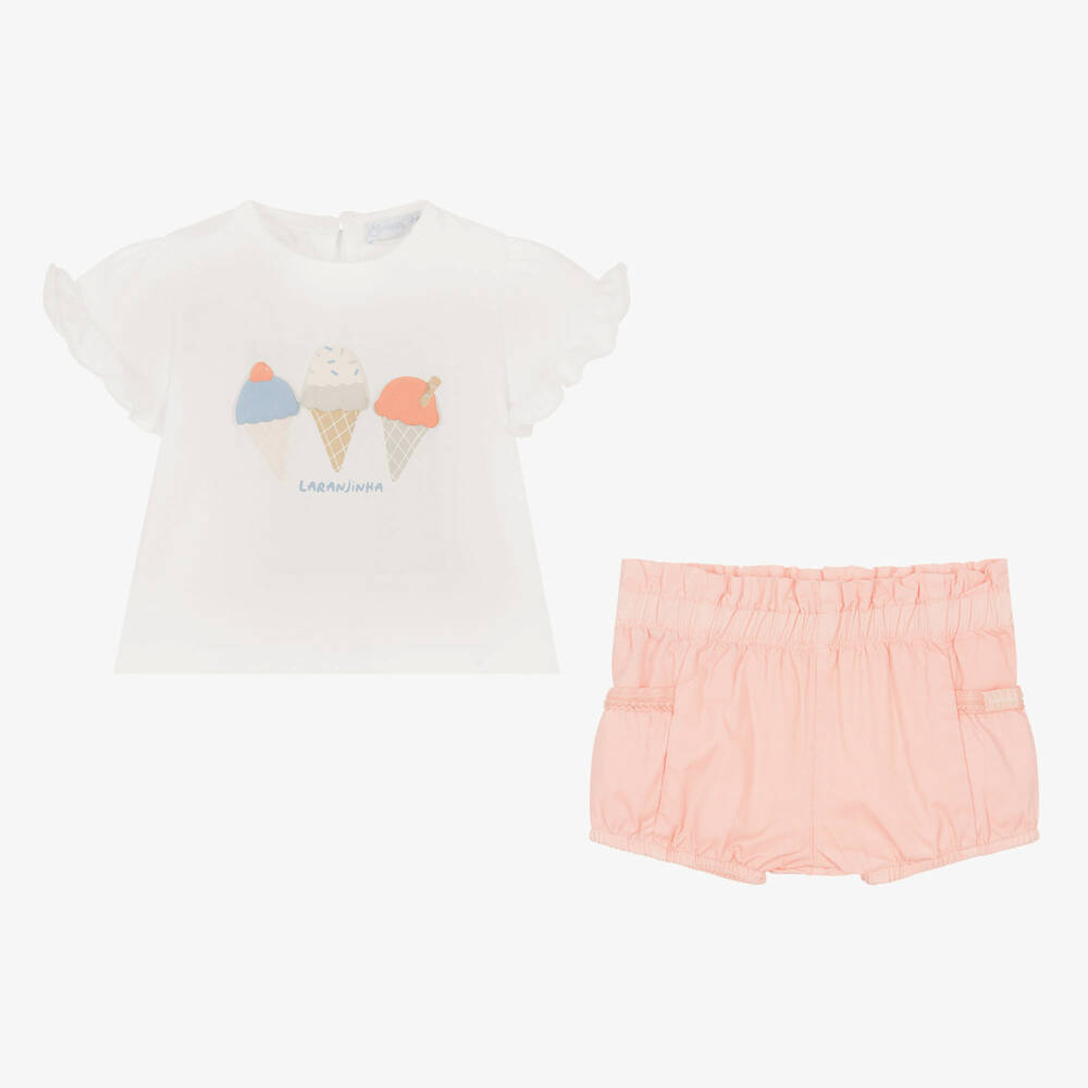 لارانجينا-طقم شورت قطن لون أبيض وزهري للمولودات | Childrensalon Outlet