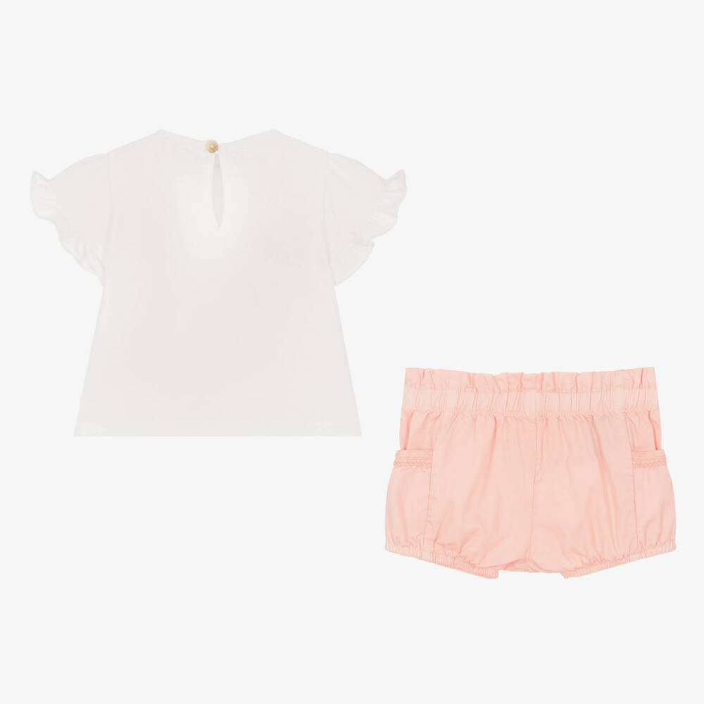 لارانجينا-طقم شورت قطن لون أبيض وزهري للمولودات | Childrensalon Outlet