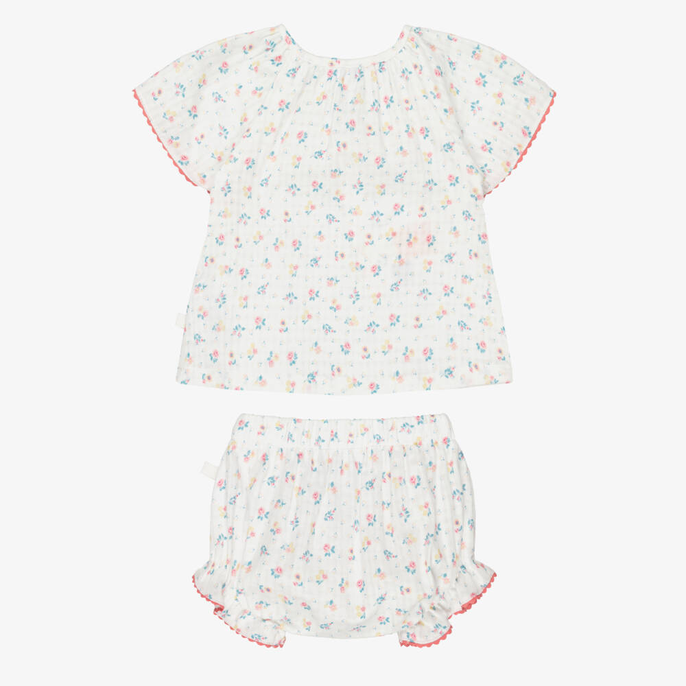 Laranjinha-Baby Girls White & Pink Floral Cotton Shorts Set | Childrensalon Outlet