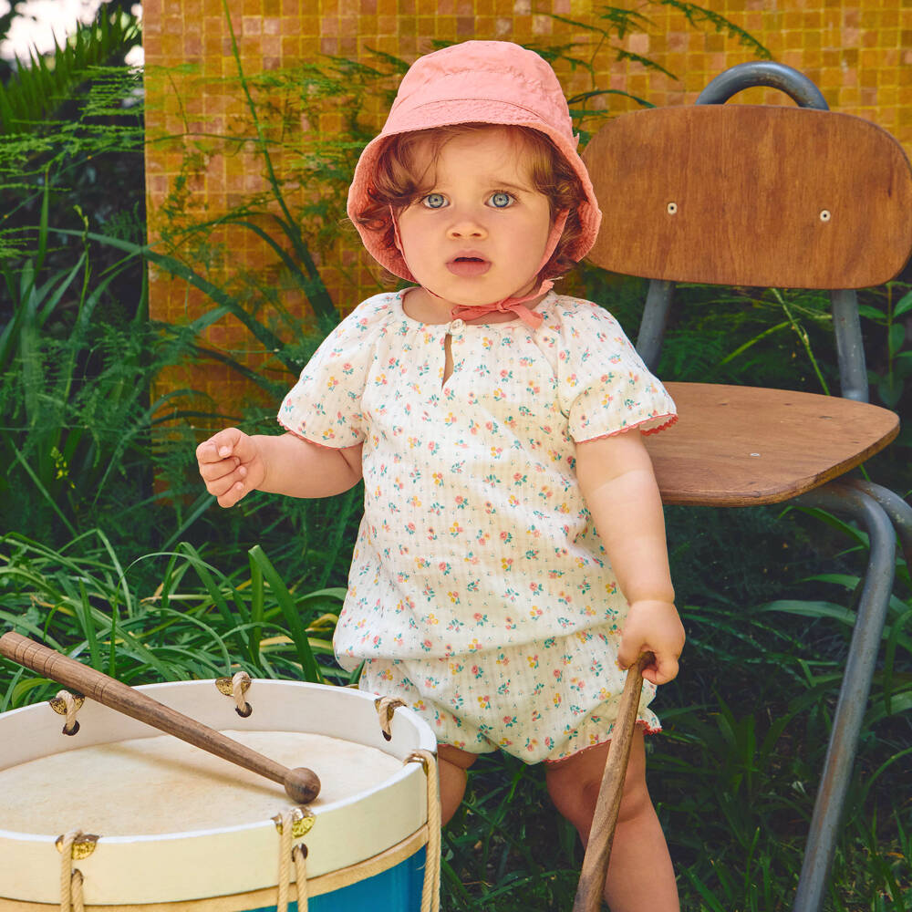 Laranjinha-Baby Girls White & Pink Floral Cotton Shorts Set | Childrensalon Outlet
