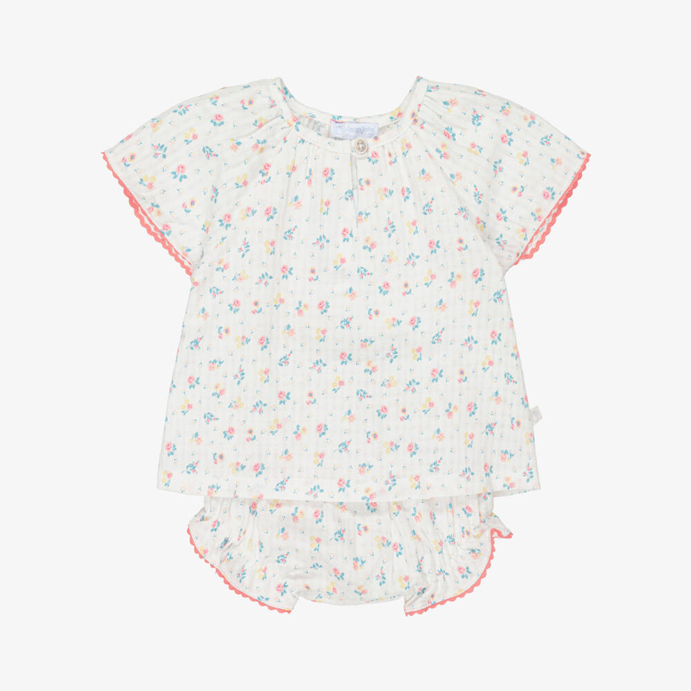 Laranjinha-Baby Girls White & Pink Floral Cotton Shorts Set | Childrensalon Outlet