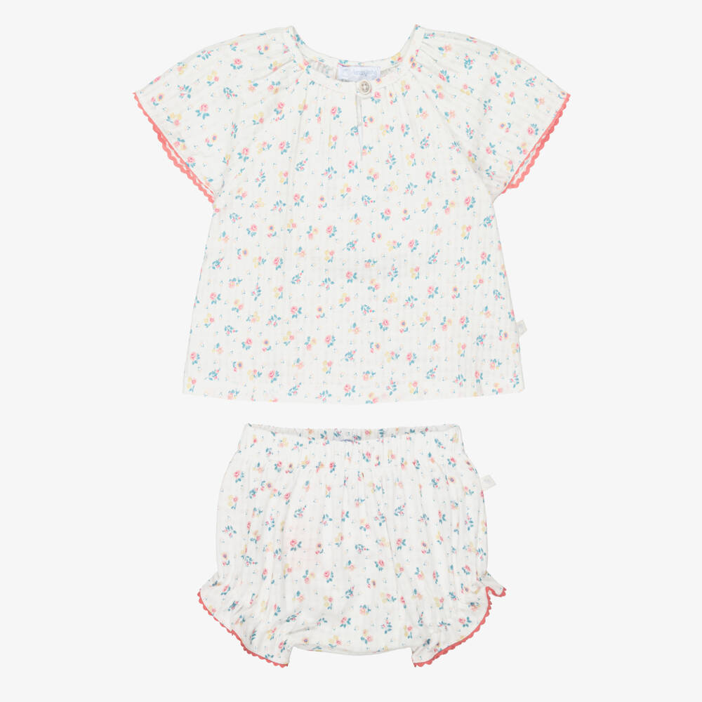 Laranjinha-Baby Girls White & Pink Floral Cotton Shorts Set | Childrensalon Outlet