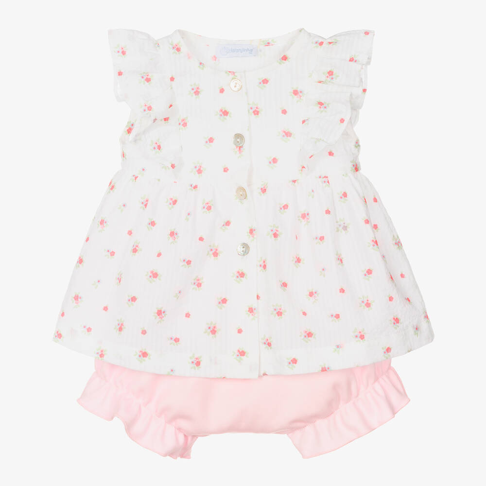Laranjinha - Baby Girls White & Pink Shorts Set | Childrensalon