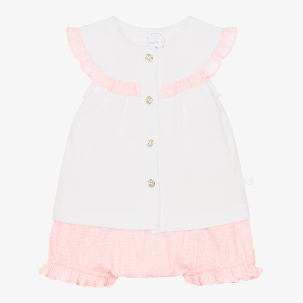 Laranjinha - Baby Girls White & Pink Shorts Set | Childrensalon