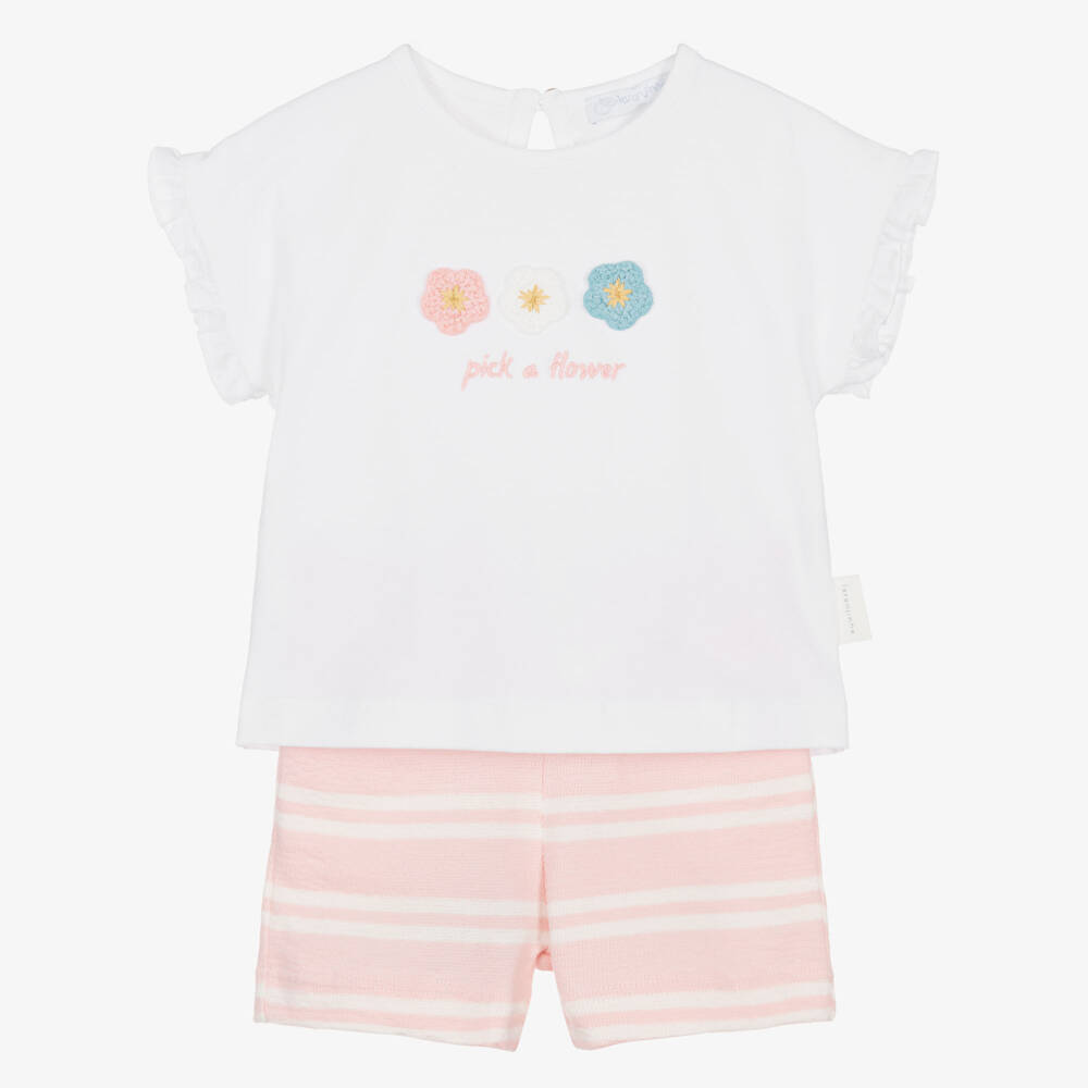 Laranjinha-Baby Girls White & Pink Striped Cotton Shorts Set | Childrensalon Outlet