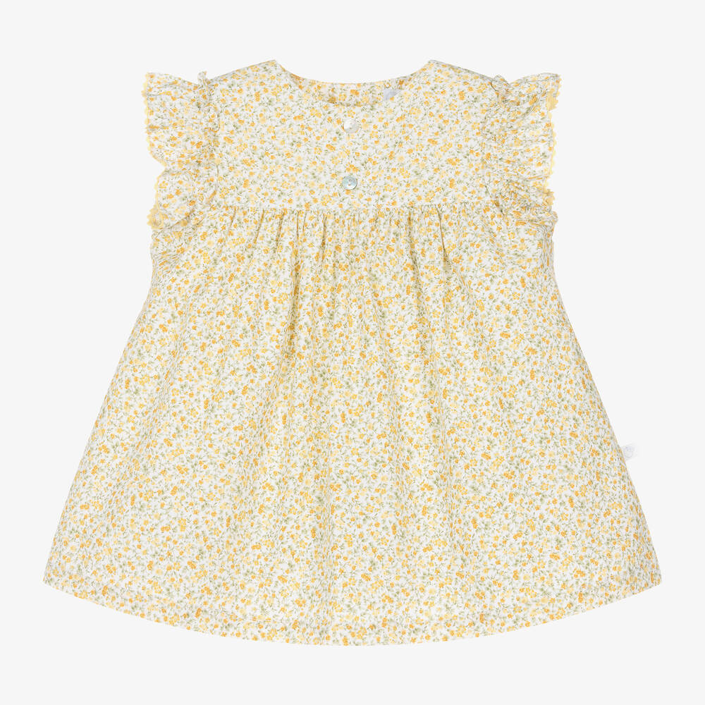 Laranjinha-Baby Girls Yellow Cotton Floral Dress | Childrensalon Outlet