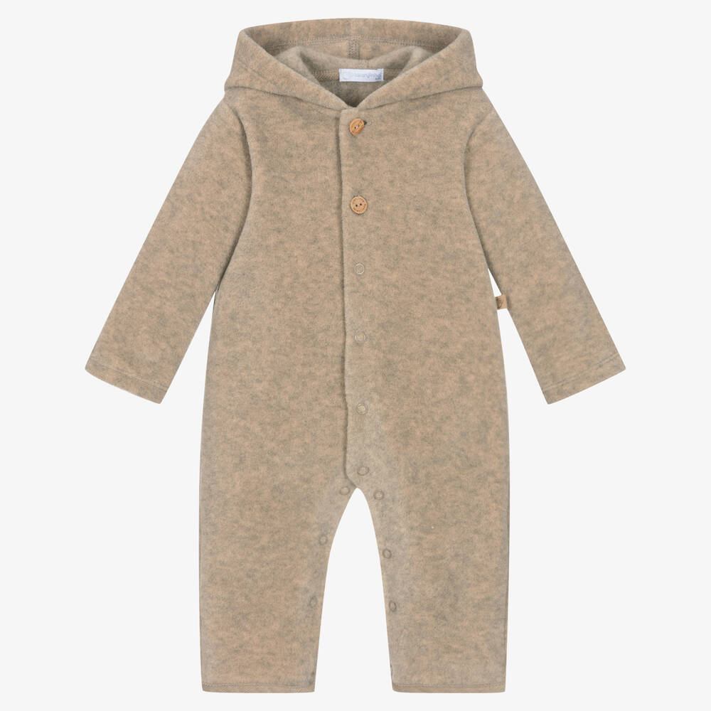 Laranjinha - Beige Fleece Baby Pramsuit | Childrensalon
