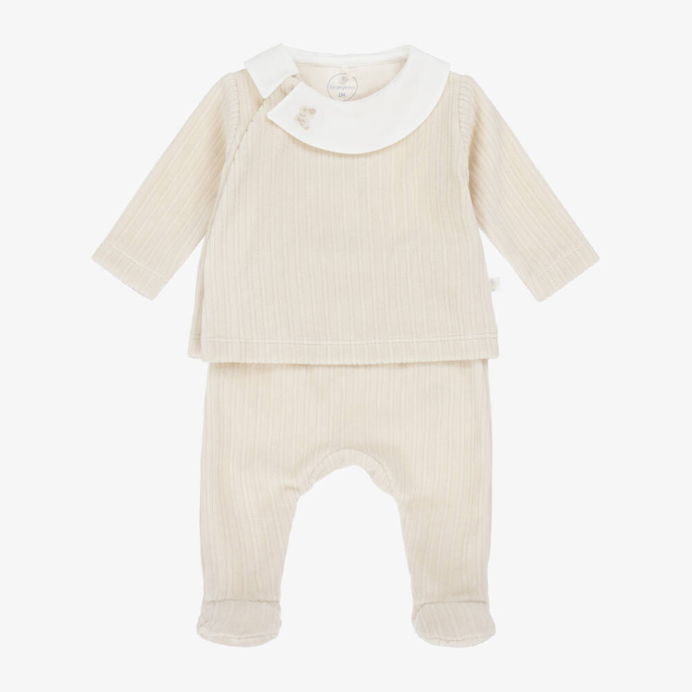 Laranjinha-Beige Ribbed Velour 2 Piece Babygrow | Childrensalon Outlet