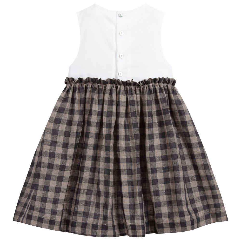Chic by Laranjinha-فستان قطن وكتّان لون أبيض، بيج ورمادي | Childrensalon Outlet