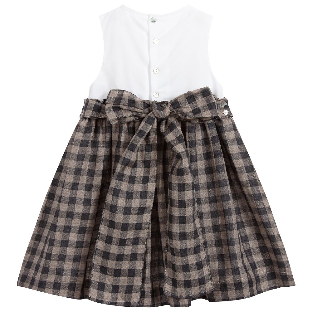 Chic by Laranjinha-فستان قطن وكتّان لون أبيض، بيج ورمادي | Childrensalon Outlet