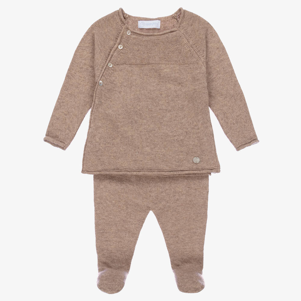Laranjinha - Beige Wool 2 Piece Babygrow | Childrensalon