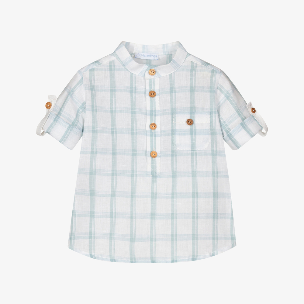 Laranjinha-قميص مزيج قطن وكتان كاروهات لون أبيض وأزرق للأولاد | Childrensalon Outlet