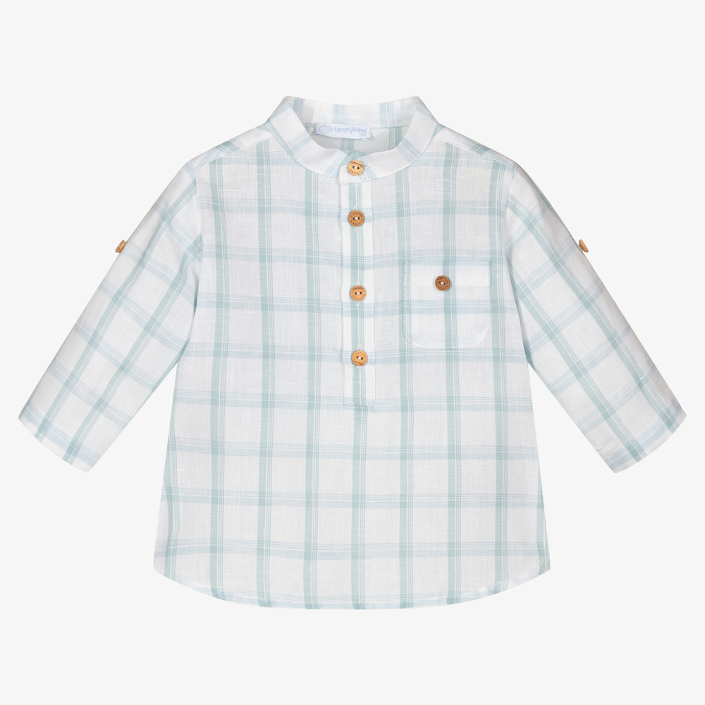 Laranjinha - قميص مزيج قطن وكتان كاروهات لون أبيض وأزرق للأولاد | Childrensalon