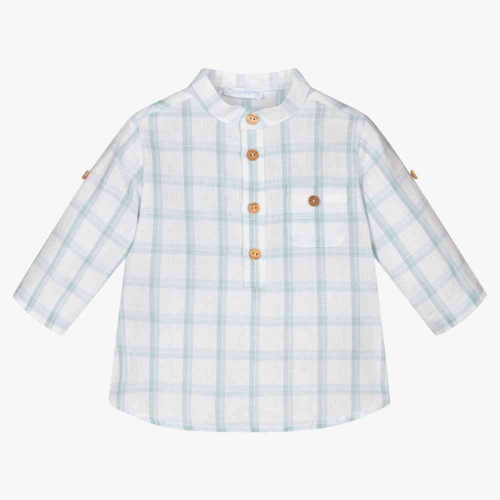 Laranjinha-قميص مزيج قطن وكتان كاروهات لون أبيض وأزرق للأولاد | Childrensalon Outlet