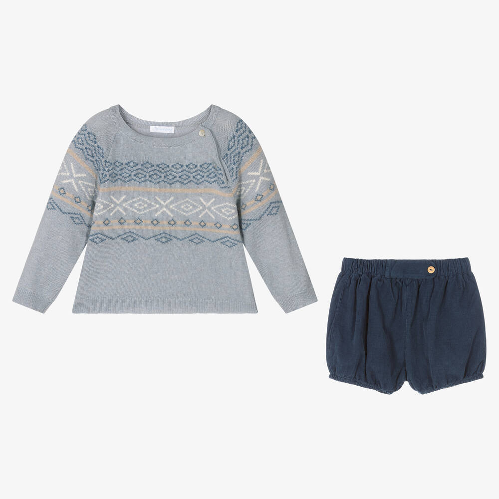 Laranjinha-Blue Fair Isle Wool Shorts Set | Childrensalon Outlet