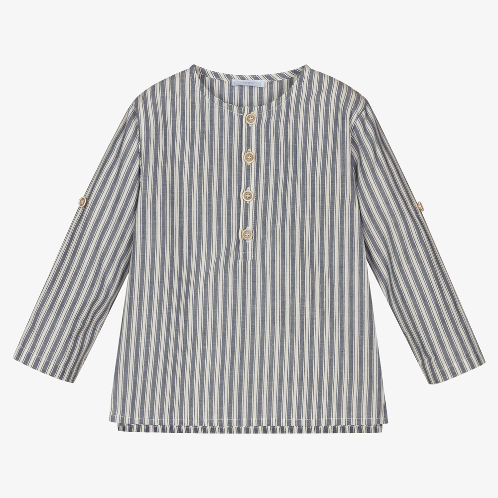 Laranjinha-Blue Stripe Linen Blend Shirt | Childrensalon Outlet