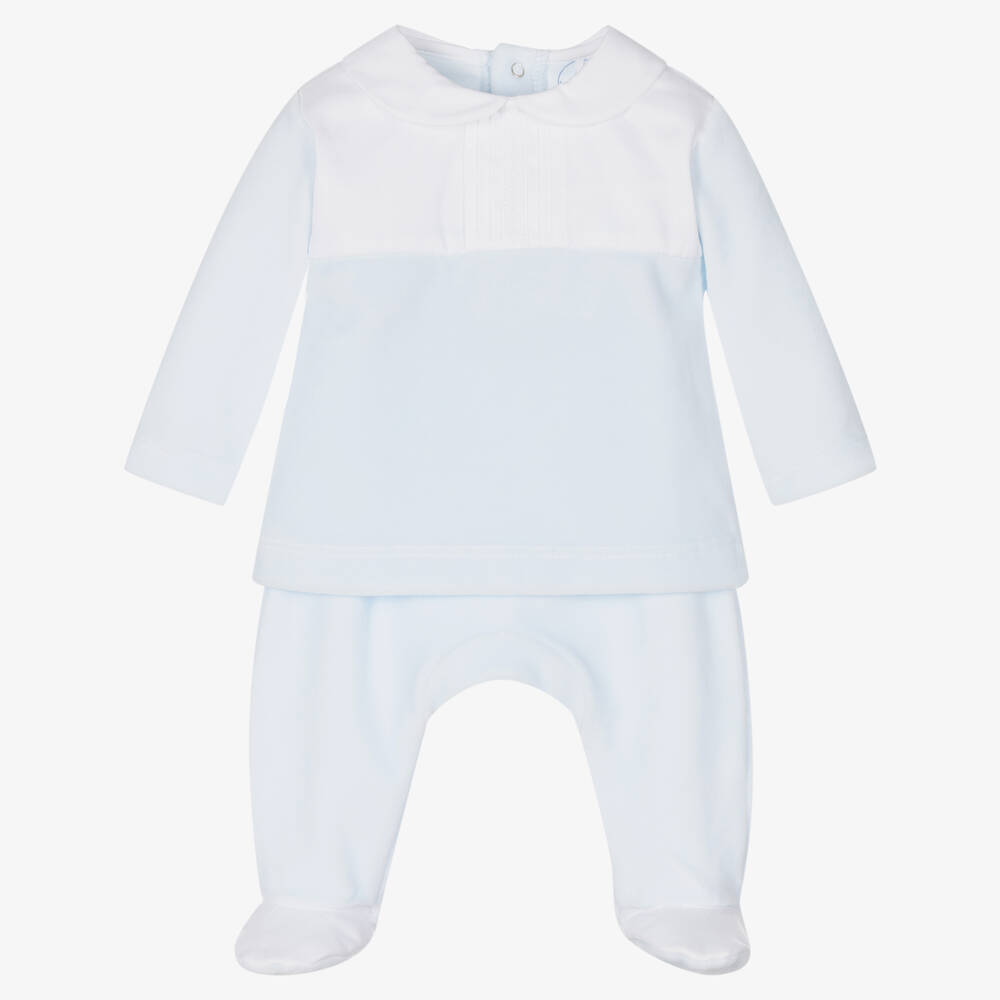 Laranjinha - Blue Velour 2 Piece Babygrow | Childrensalon