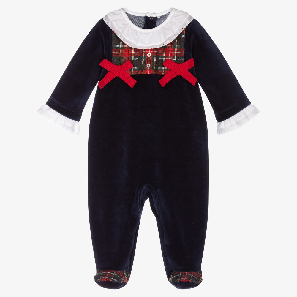 Laranjinha - Blue Velour & Tartan Babygrow | Childrensalon