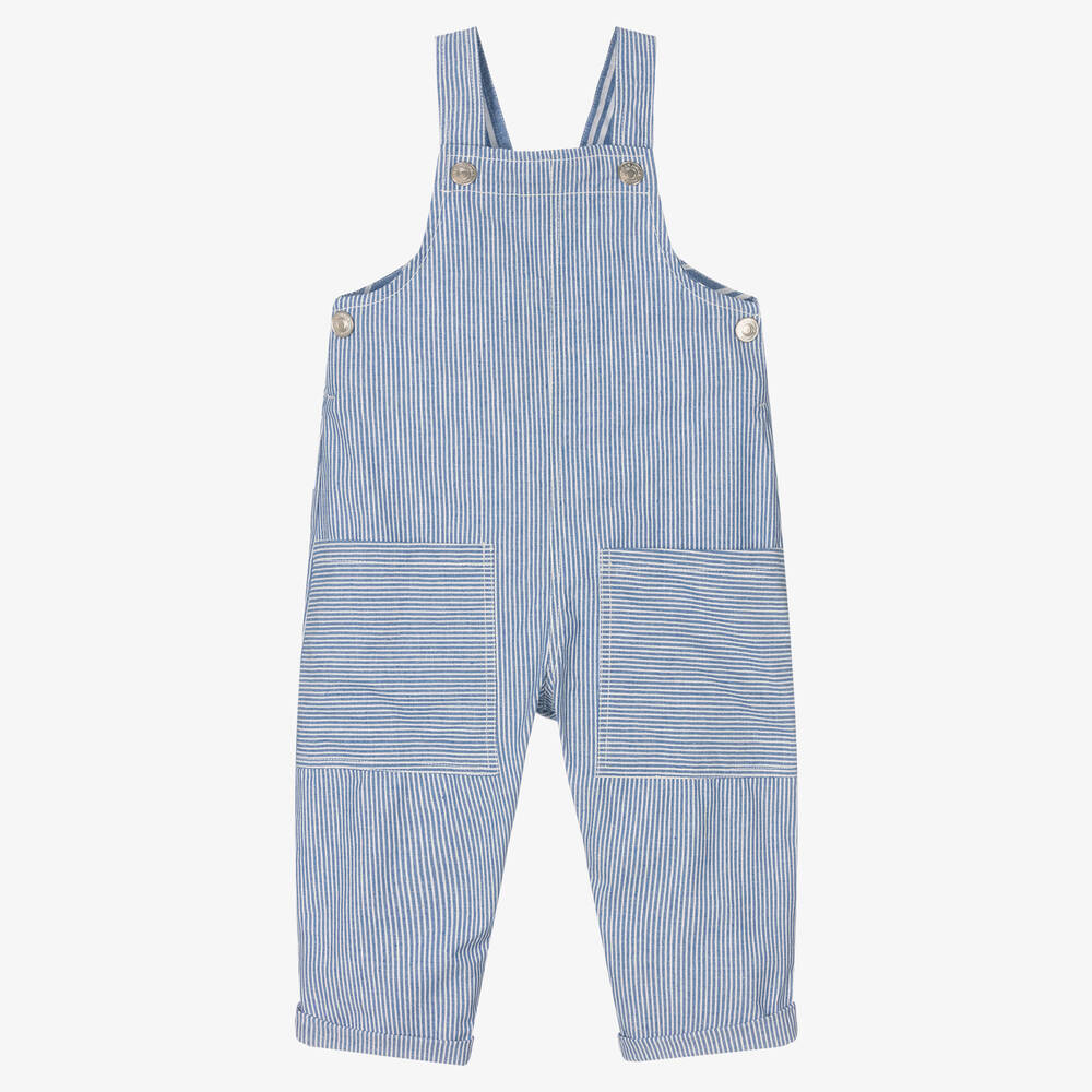 Laranjinha - Blue & White Striped Cotton Dungarees | Childrensalon