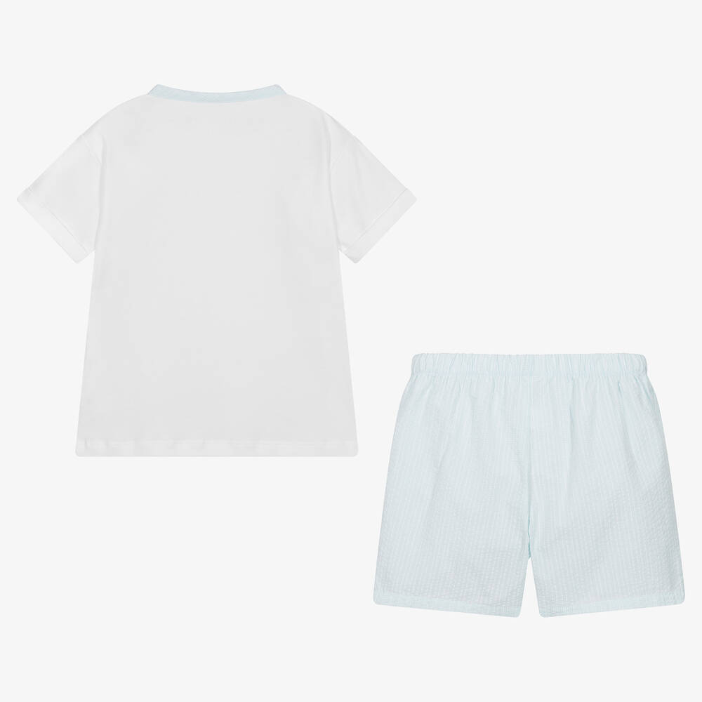 Laranjinha-Boys Aqua Blue & White Cotton Pyjamas | Childrensalon Outlet