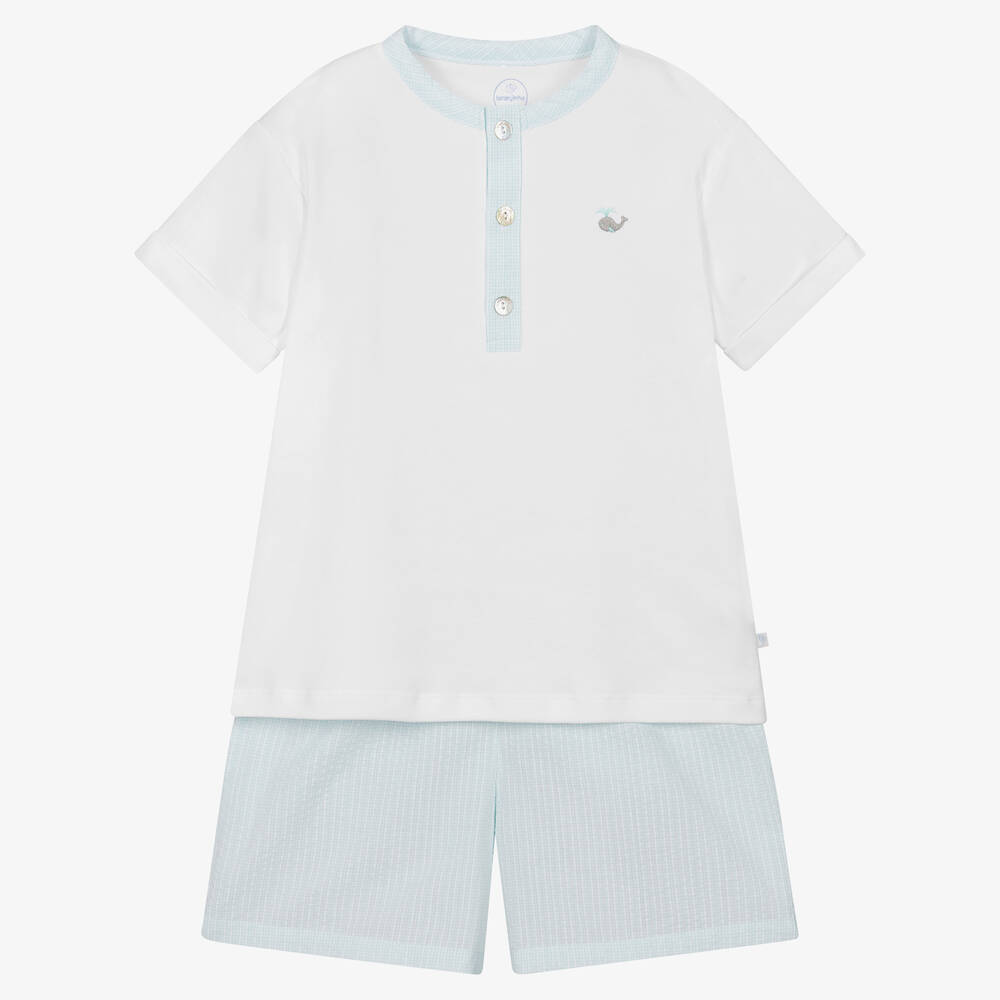 Laranjinha - Boys Aqua Blue & White Cotton Pyjamas | Childrensalon