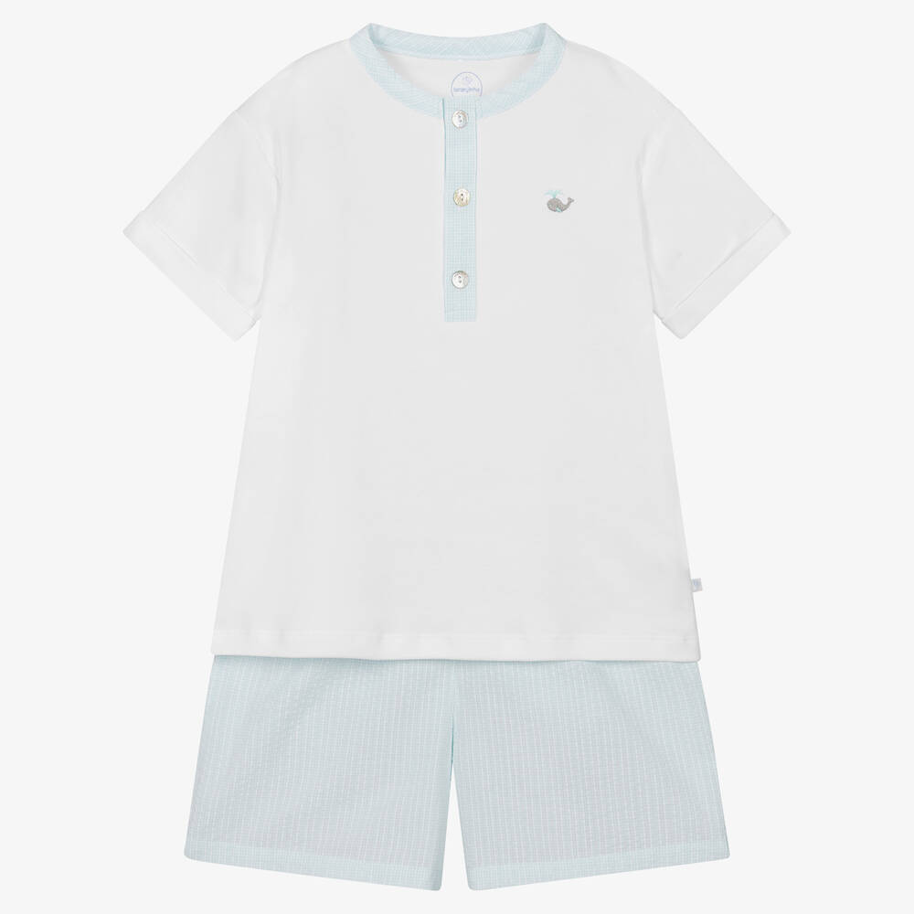 Laranjinha-Boys Aqua Blue & White Cotton Pyjamas | Childrensalon Outlet