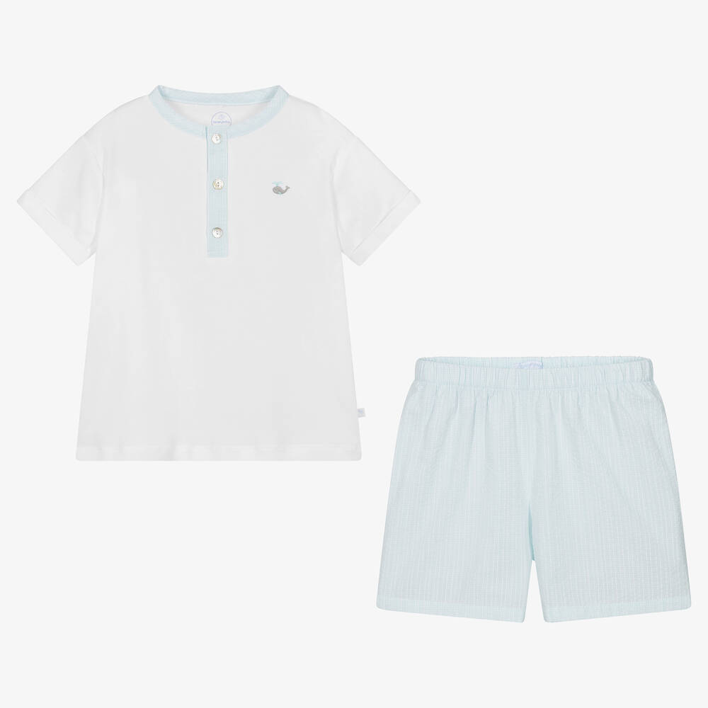 Laranjinha-Boys Aqua Blue & White Cotton Pyjamas | Childrensalon Outlet