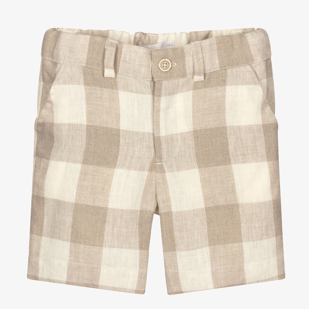 Laranjinha - Boys Beige Check Linen Shorts | Childrensalon