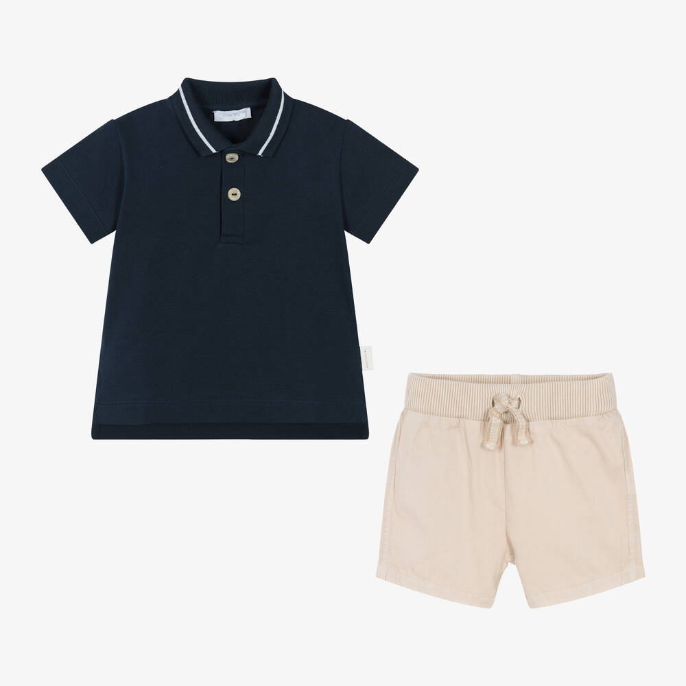 Laranjinha-Boys Beige & Navy Blue Cotton Shorts Set | Childrensalon Outlet