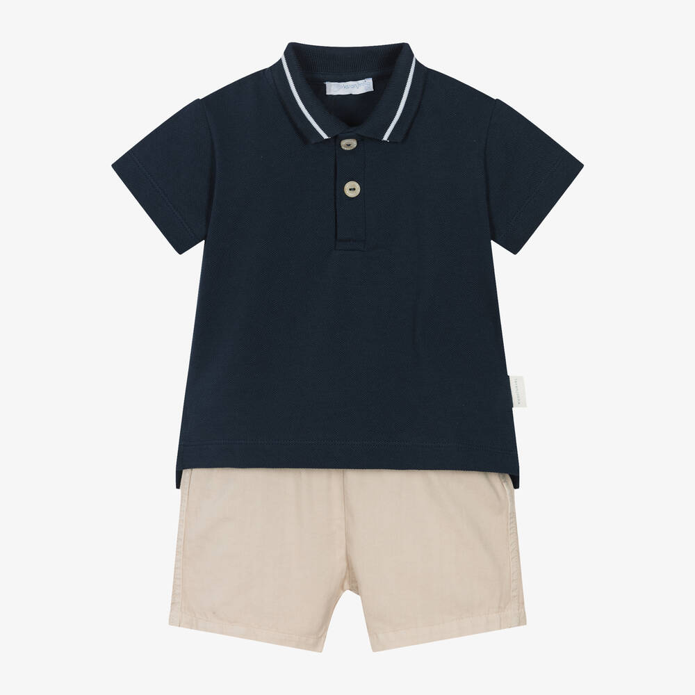 Laranjinha-Boys Beige & Navy Blue Cotton Shorts Set  | Childrensalon Outlet
