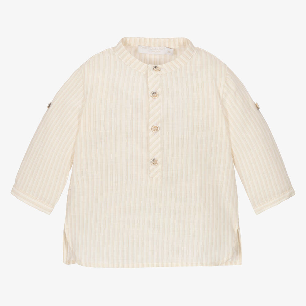 Laranjinha - Boys Beige Stripe Cotton Popover Shirt | Childrensalon