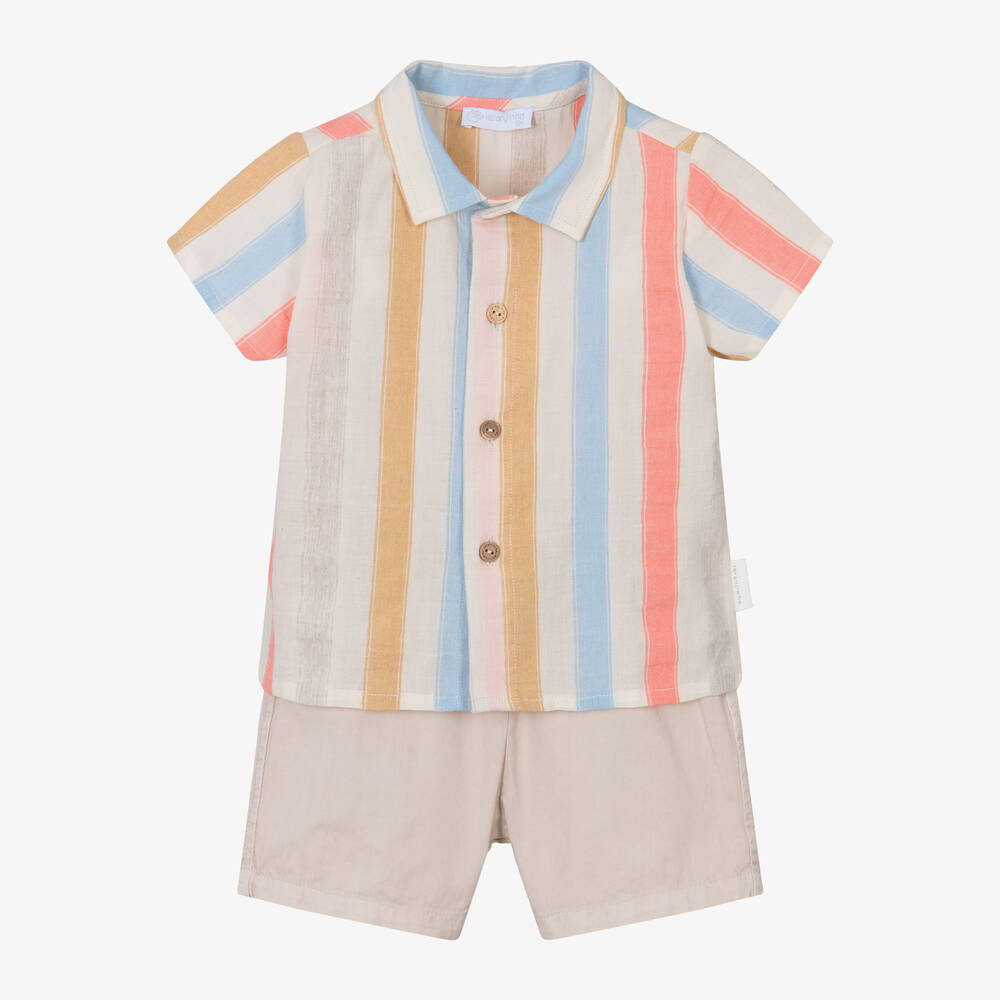 Laranjinha-Boys Beige Stripe Cotton Shorts Set | Childrensalon Outlet
