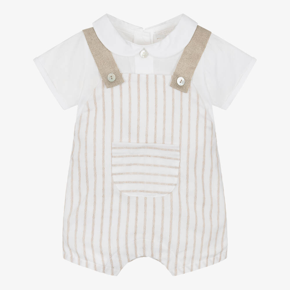 Laranjinha-Boys Beige & White Cotton Romper | Childrensalon Outlet
