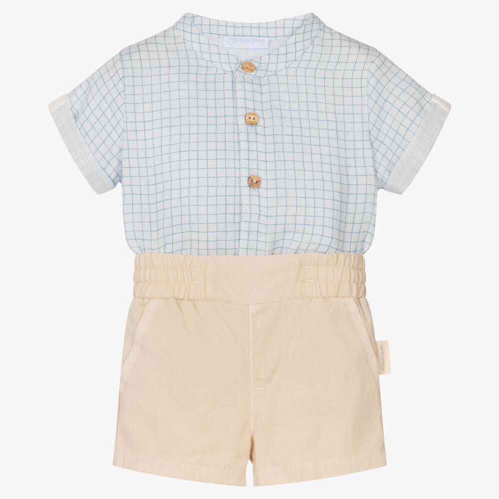 Laranjinha-Boys Blue & Beige Cotton Shorts Set | Childrensalon Outlet