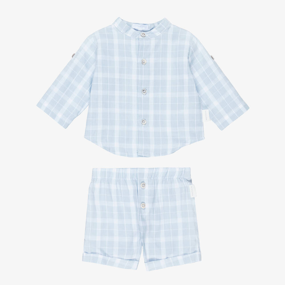 Laranjinha-Boys Blue Check Cotton Shorts Set | Childrensalon Outlet