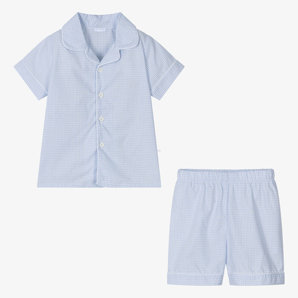 Laranjinha-Boys Blue Checked Cotton Short Pyjamas | Childrensalon Outlet