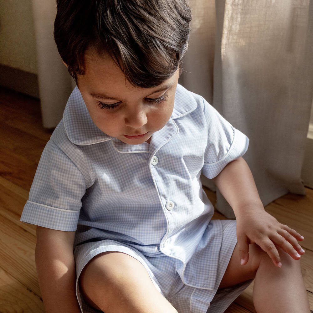 Laranjinha-Boys Blue Checked Cotton Short Pyjamas | Childrensalon Outlet