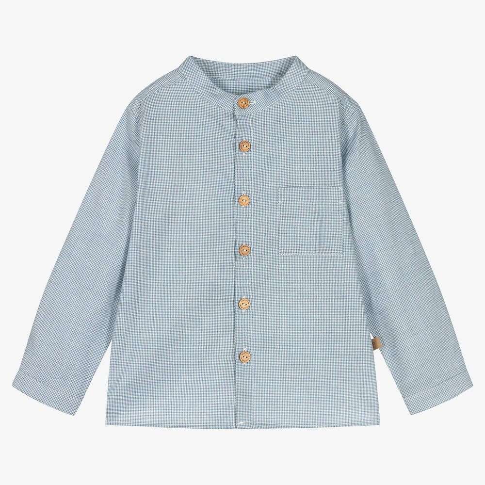 Laranjinha-Boys Blue Collarless Cotton Shirt | Childrensalon Outlet