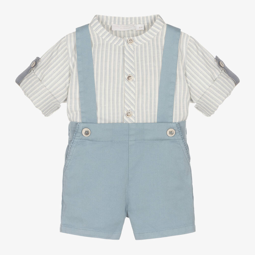 Laranjinha - Blaues Baumwollhemd & Shorts Set | Childrensalon