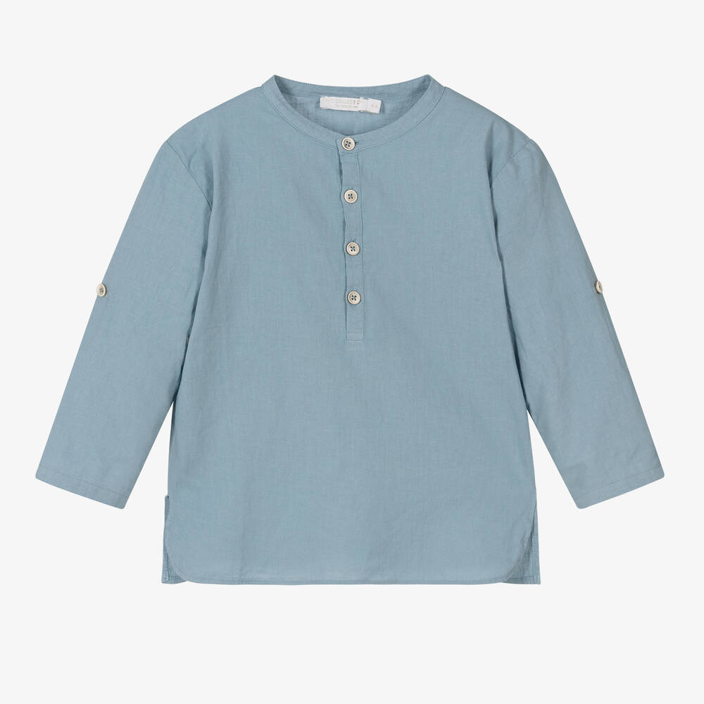Laranjinha - Boys Blue Linen & Cotton Popover Shirt | Childrensalon