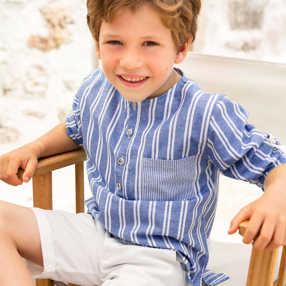 Laranjinha-Голубая хлопковая полурубашка в полоску | Childrensalon Outlet