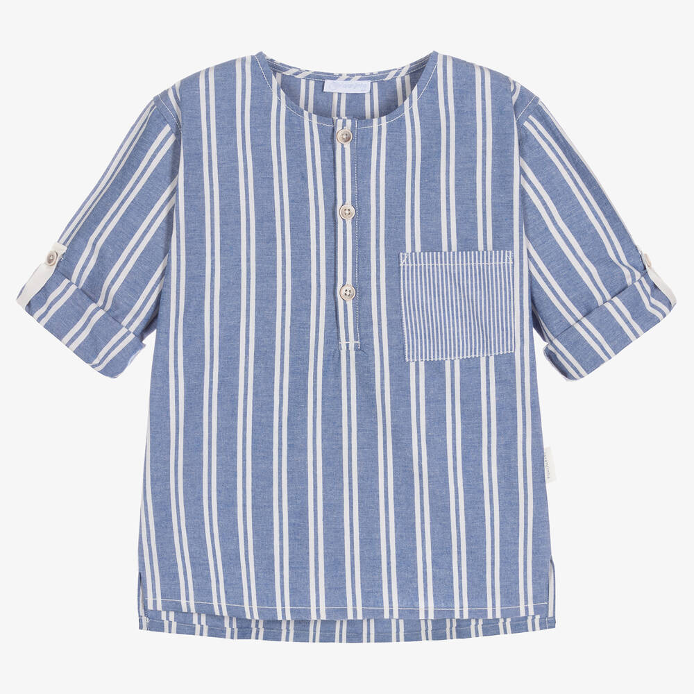 Laranjinha - Boys Blue Maxi Stripe Cotton Popover Shirt | Childrensalon