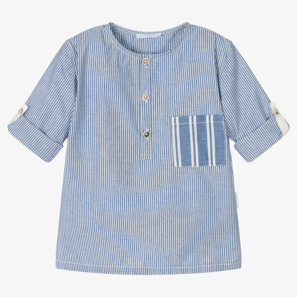 Laranjinha - قميص مزيج قطن عضوي مقلم لون أزرق وأبيض للأولاد | Childrensalon
