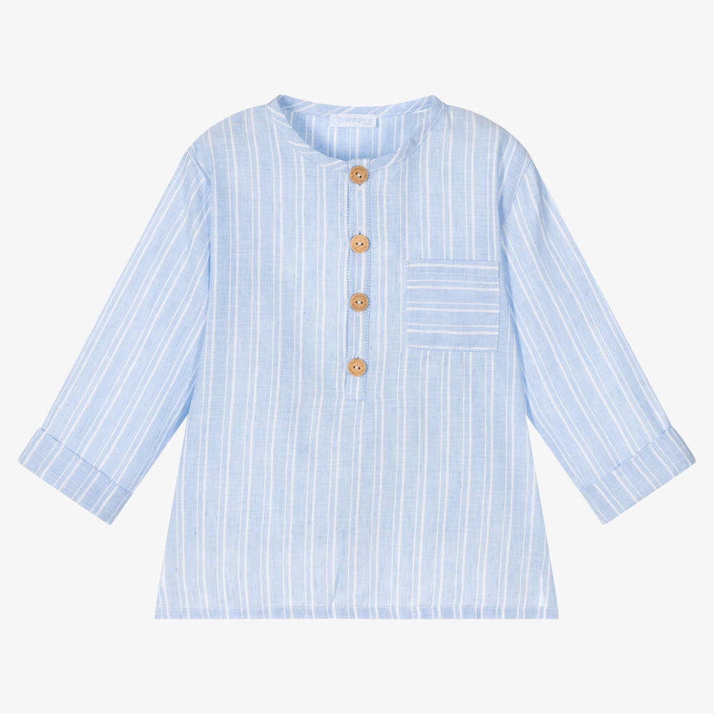 Laranjinha - Boys Blue Stripe Cotton & Linen Shirt | Childrensalon