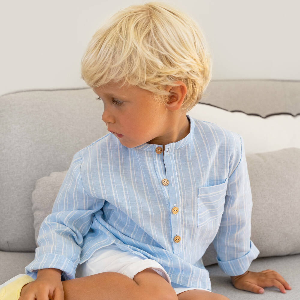 Laranjinha-Голубая рубашка из хлопка и льна в полоску | Childrensalon Outlet
