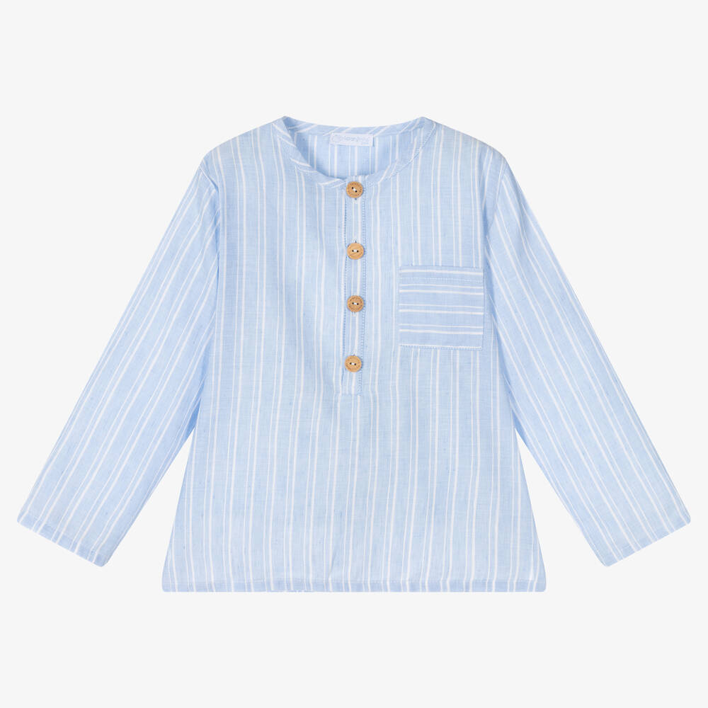 Laranjinha-Голубая рубашка из хлопка и льна в полоску | Childrensalon Outlet