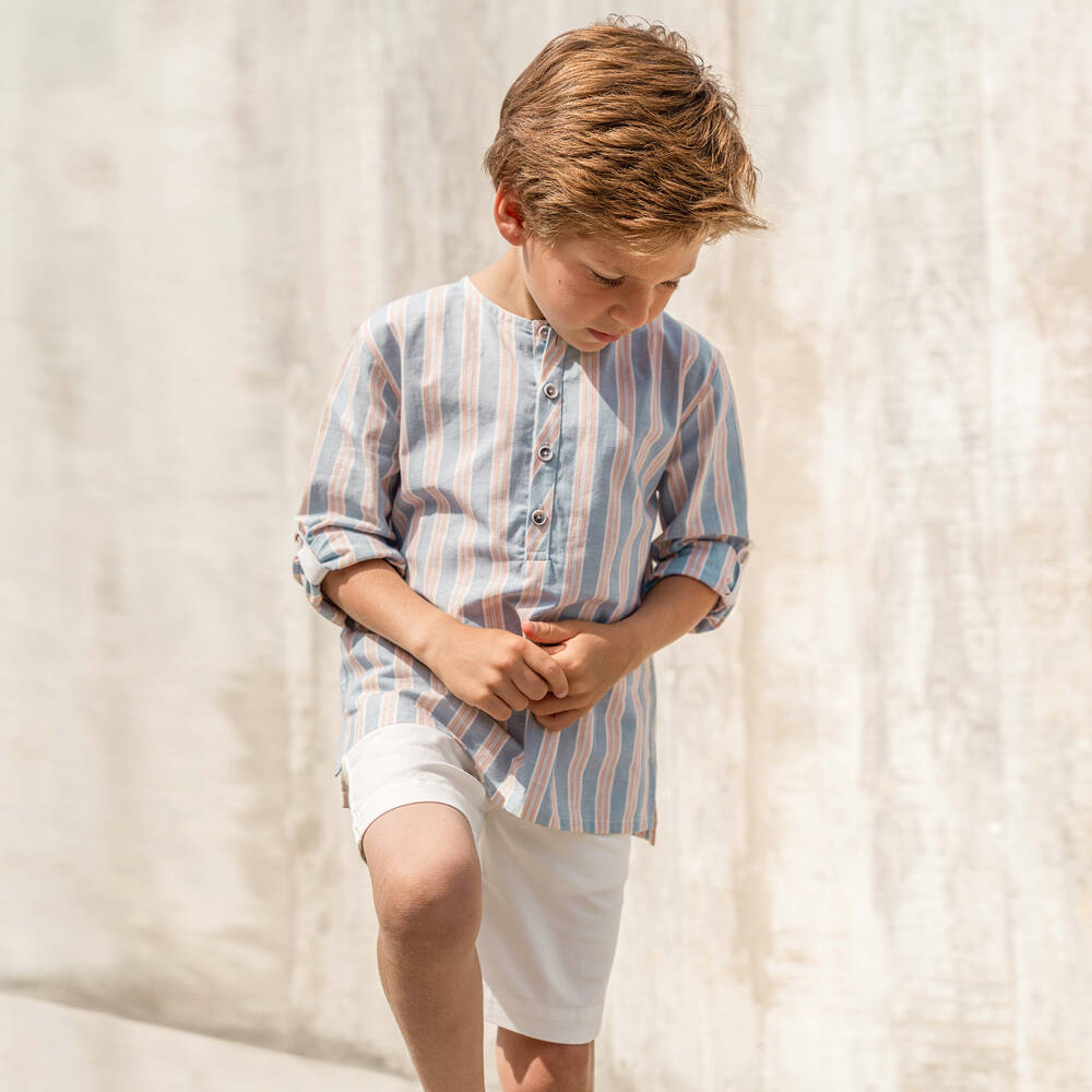 Laranjinha-Boys Blue Stripe Cotton Popover Shirt | Childrensalon Outlet