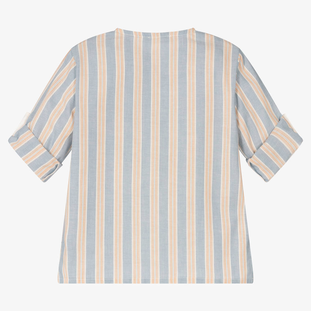 Laranjinha-Boys Blue Stripe Cotton Popover Shirt | Childrensalon Outlet