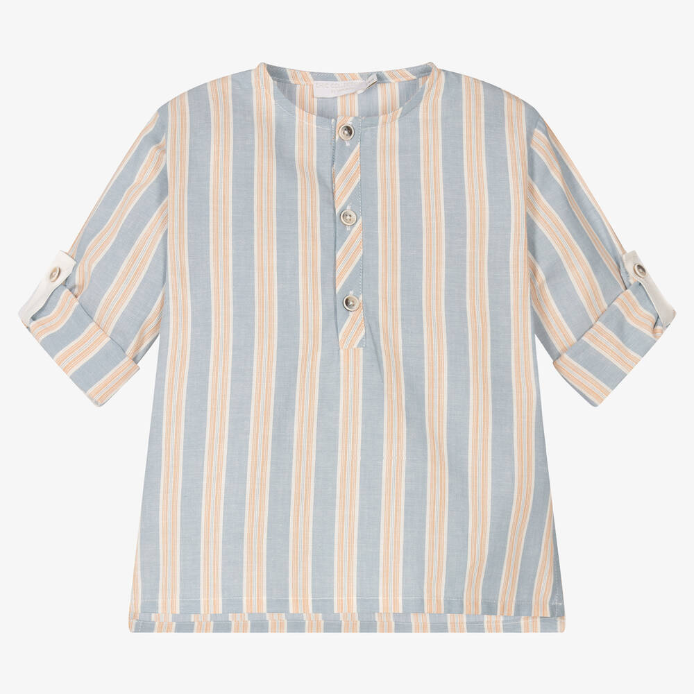 Laranjinha - Boys Blue Stripe Cotton Popover Shirt | Childrensalon